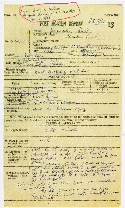 Post Mortem Report of Harminder Singh