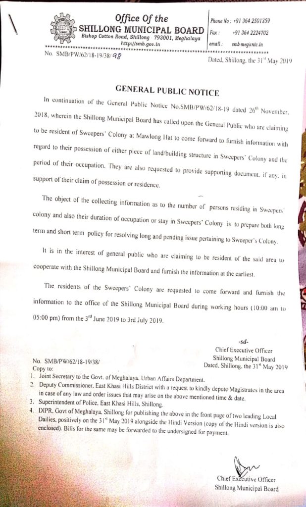 Documentation Notice of Shillong Municipal Board to Shillong Sikhs